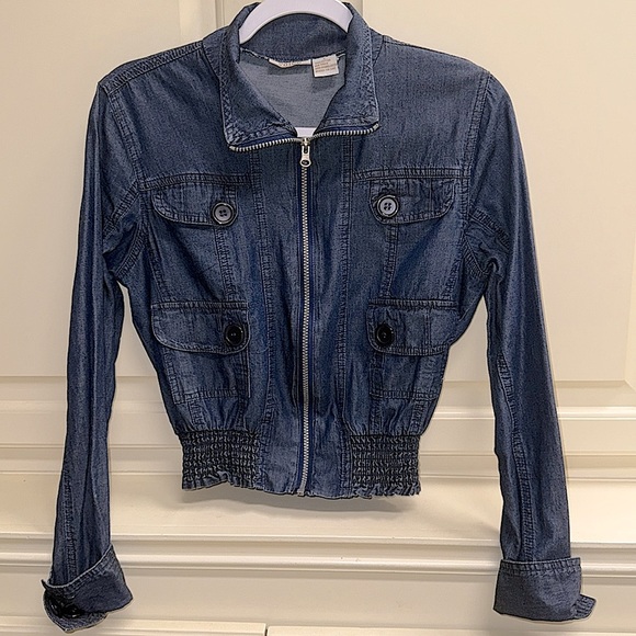 Voice NYC Chambray Denim Zip Jacket Multi Pockets Smocked Fit Waist Button Cuffs - Picture 15 of 16